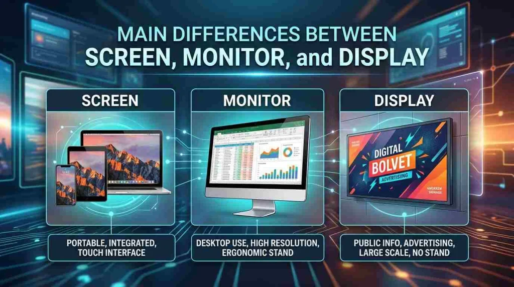 Main Differences Between Screen, Monitor, and Display
